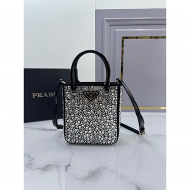 Borsa shopping small in raso con cristalli