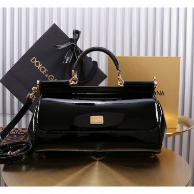Authentic quality- Dolce Gabbana Elongated Sicily Handbag in Polished calfskin-Black